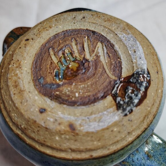 Artist Made Coffee Mug Ugly Face Blue Brown Heavily Glazed Folk Pottery Signed - Picture 3 of 16